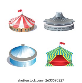 Conjunto de prédios de circo sobre um fundo branco. Ilustração em 3d vetorial