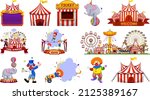 Set of circus characters and amusement park elements illustration