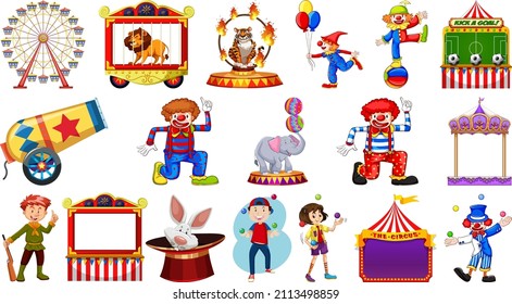 Set of circus characters and amusement park elements illustration