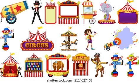 Set of circus characters and amusement park elements illustration