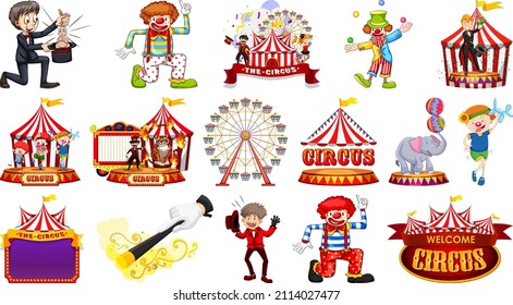 Set of circus characters and amusement park elements illustration