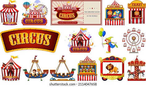 Set of circus characters and amusement park elements illustration