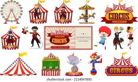 Set of circus characters and amusement park elements illustration