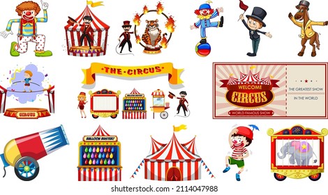 Set of circus characters and amusement park elements illustration