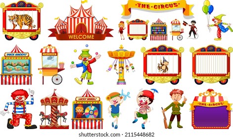 Set of circus characters and amusement park elements illustration