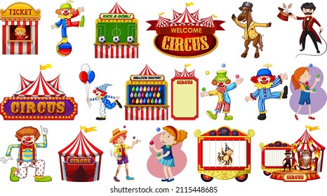 Set of circus characters and amusement park elements illustration
