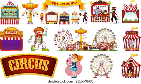Set of circus characters and amusement park elements illustration