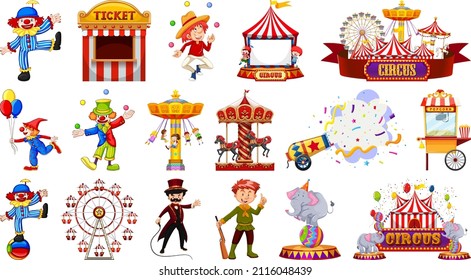 Set of circus characters and amusement park elements illustration