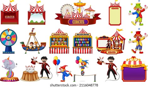 Set of circus characters and amusement park elements illustration