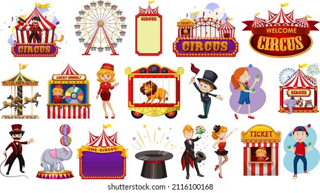 Set of circus characters and amusement park elements illustration