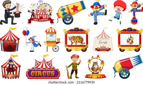 Set of circus characters and amusement park elements illustration