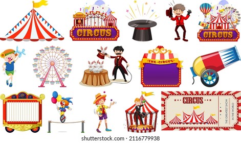 Set of circus characters and amusement park elements illustration