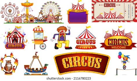 Set of circus characters and amusement park elements illustration