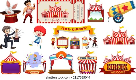 Set of circus characters and amusement park elements illustration