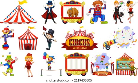 Set of circus characters and amusement park elements illustration