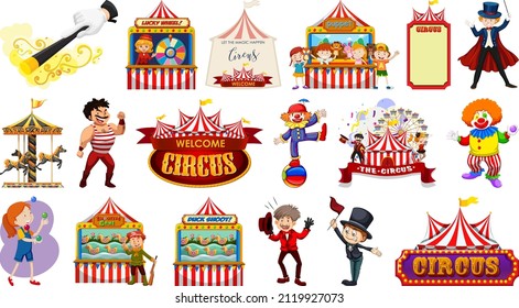 Set of circus characters and amusement park elements illustration