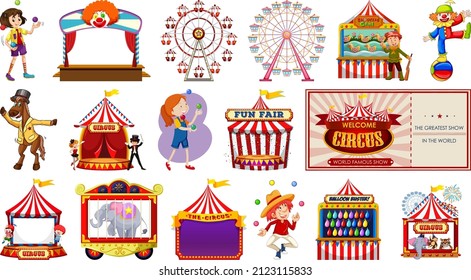 Set of circus characters and amusement park elements illustration