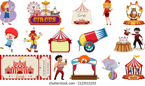 Set of circus characters and amusement park elements illustration