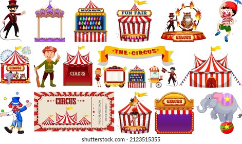 Set of circus characters and amusement park elements illustration