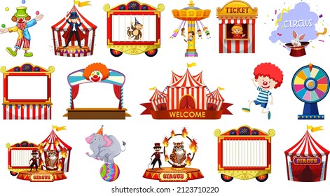 Set of circus characters and amusement park elements illustration