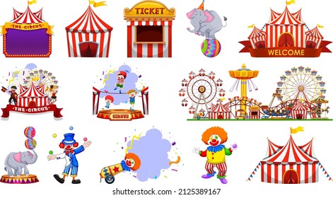 Set of circus characters and amusement park elements illustration