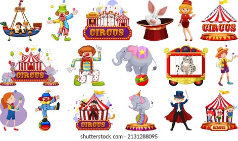 Set Of Circus Characters And Amusement Park Elements Illustration