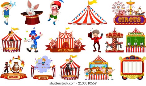 Conjunto de caracteres de circo e ilustración de elementos de parque de atracciones