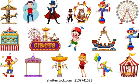 Set of circus characters and amusement park elements illustration