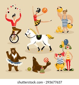 Set of circus characters and animals vector illustration