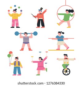 A set of circus characters characterizing fantastic stunts illustration. flat design vector graphic style.