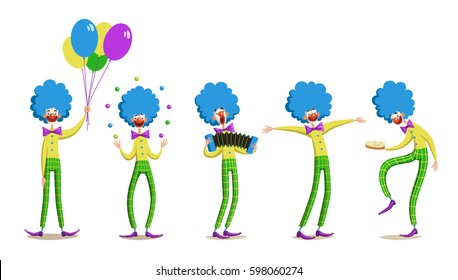 Set of circus clown character poses. Funny character in bright costume in various activities. Collection of vector illustrations of comic isolated on white
