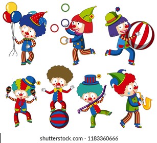 Un conjunto de ilustraciones de payasos de circo