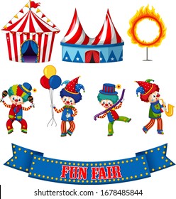 Set of circus clowns and tents on white background illustration