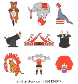 Set of circus color icons, design elements isolated on white background. Flat style.