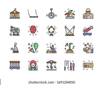 Set of Circus Color Line Icons. Clown, Jester Hat, Elephant, Juggler and more.