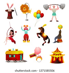Set of circus colorful animals and person at holiday arena