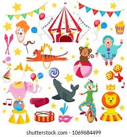 Set circus colorful picture. Lion tiger seals with ball, tiger hangs through flames, clowns balls monkeys, funny hats delicious sweets, flags, tickets, popcorn. Modern vector flat image isolated white