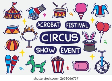 set of circus doodle with color good for background, wallpaper, element design, sticker, icon, etc
