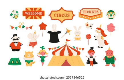 Conjunto de Elementos de circo. Animales lindos en trajes y sombreros de payaso, chico mago, chica acróbata, tienda de campana, etiqueta. Iconos de fiesta, festival. Ilustración vectorial retro. Conejito en sombrero de copa, tigre, pony, elefante