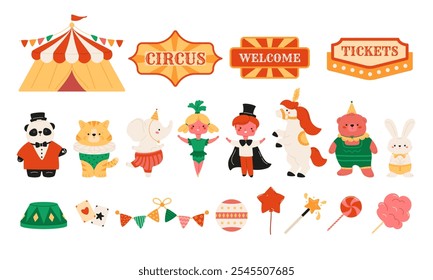 Conjunto de Elementos de circo y personajes lindos, rótulos y letreros. Animales divertidos en disfraces, chico mago y chica acróbata. Ilustración vectorial. Iconos infantiles de entretenimiento.