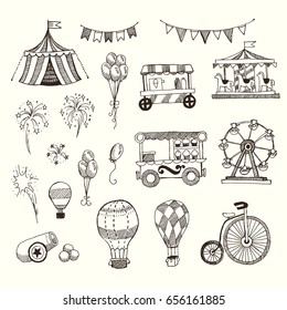 Set of Circus elements isolated on white. Black contour for coloring.