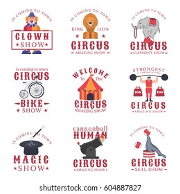 Set of circus emblems, labels, badges and logos on white background. Amazing show, strong man, animals show, magic show, human cannonball,clown show design elements