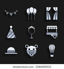 Set Circus fire hoop, Bear head, Hot air balloon, Fast street food cart, Clown hat, Party, curtain raises and Carnival garland with flags icon. Vector