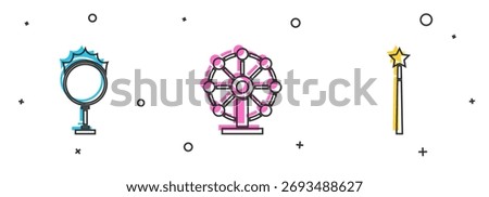 Set Circus fire hoop, Ferris wheel and Magic wand icon. Vector