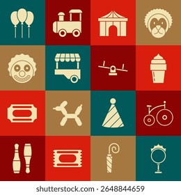 Set Circus fire hoop, Vintage bicycle, Ice cream, tent, Fast street food cart, Clown head, Balloons with ribbon and Seesaw icon. Vector