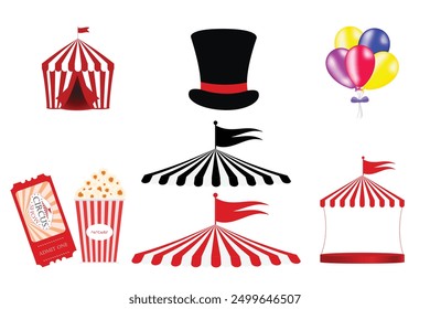 set of circus icon,
circus set of tent,balloons, ticket,striped tent,popcorn,hat ,vector illustration.