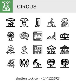 Set of circus icons such as Joker, Merry go round, Buffoon, Leotard, Circus tent, Clown, Ferris wheel, Carnival mask, Carousel, Bumper car, Wizard, Juggling, Pendulum ride , circus