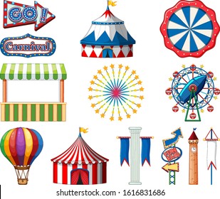 Set of circus items on white background illustration