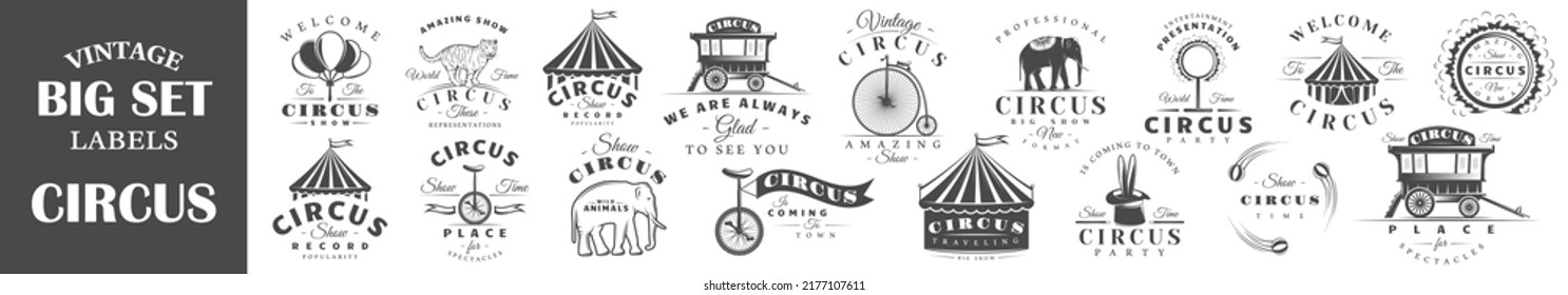Set of circus labels. Elements for design on the circus theme. Collection of circus symbols: tent, juggler, animals. Vector illustration