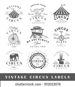 Set of circus labels. Elements for design on the circus theme. Collection of circus symbols: tent, juggler, animals. Modern labels of circus. Emblems and logos of circus. Vector illustration 